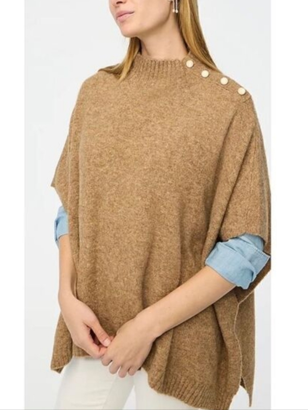 J. Crew Button Neck Wool Blend Poncho Sweater One Size